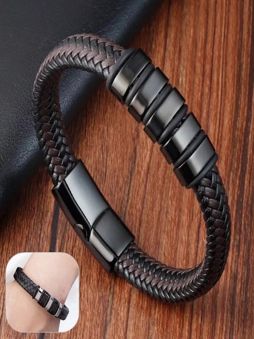 Men Leather Braided Bracelet Magnetic Clasp Titanium Steel Bangle